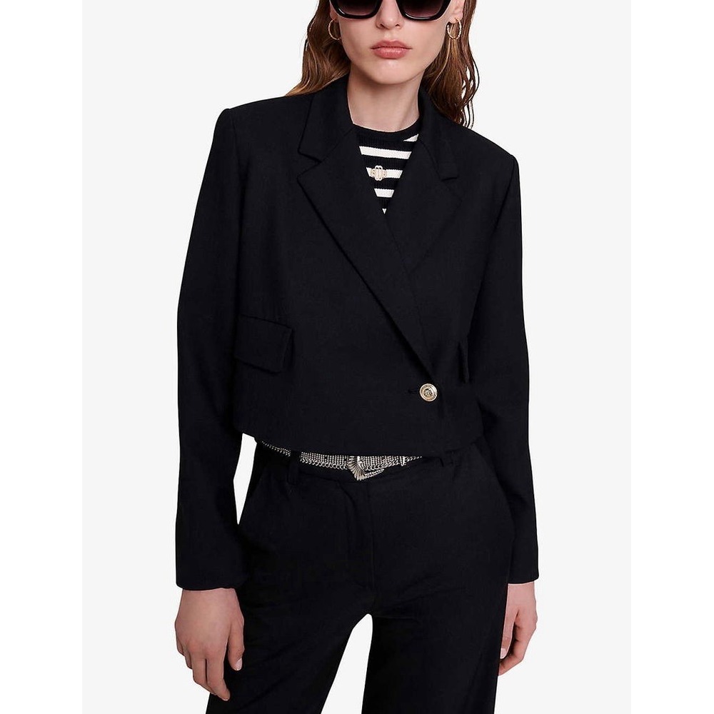 Maje  Vakino Blazer Black Cropped Jacket 4 Gold Button Tailored Parisian Chic